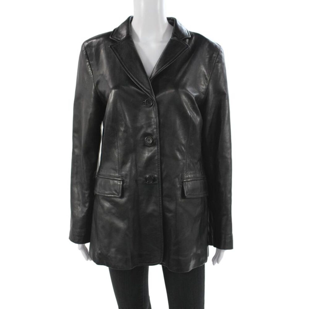 Siena Collection Womens Leather Basic Jacket Black Button Long Sleeve Size 12